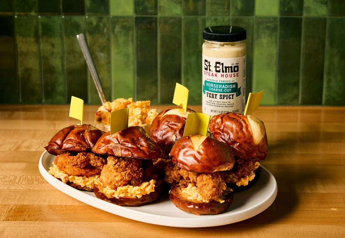 Pimento Chicken Sliders perfect for game day or watch party. Use St. Elmo Prepared Horseradish to add a little heat to this appetizer. 