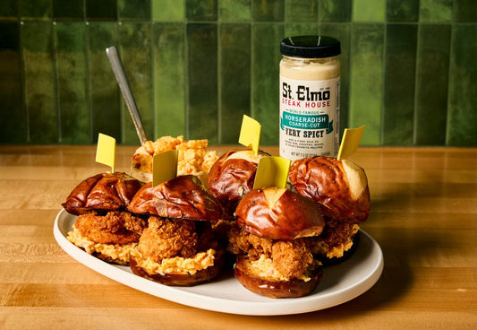 Pimento Chicken Sliders perfect for game day or watch party. Use St. Elmo Prepared Horseradish to add a little heat to this appetizer. 