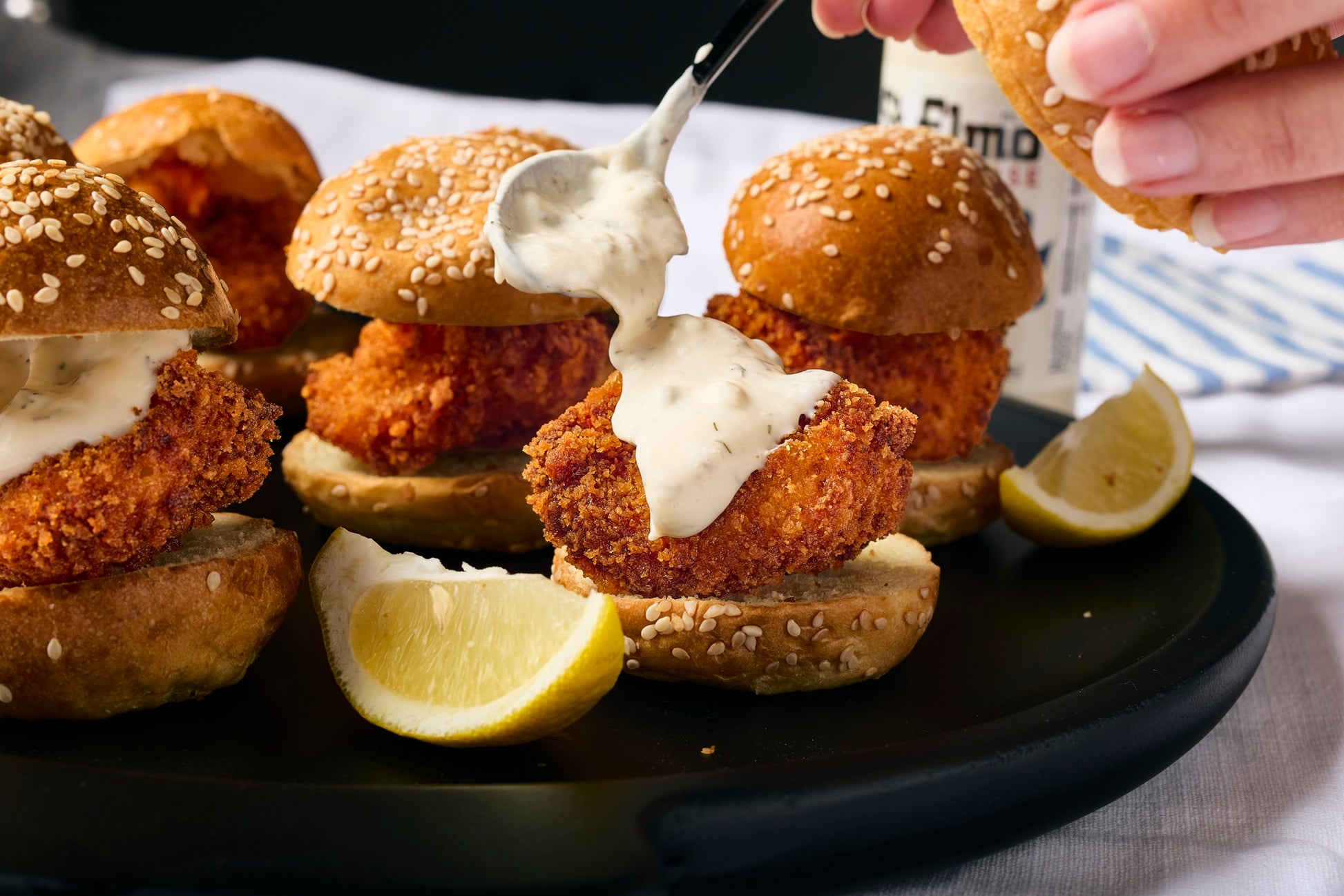 Fried shrimp sliders with St. Elmo tartar sauce
