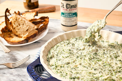 Spinach artichoke dip made with St. Elmo creamy horseradish